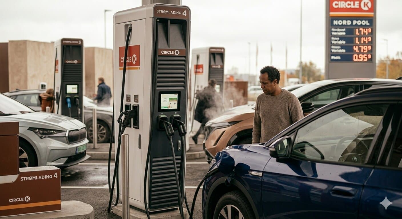 Mann lader elbil på Circle K hurtigladestasjon i Norge – priser fra Nord Pool vises på skilt