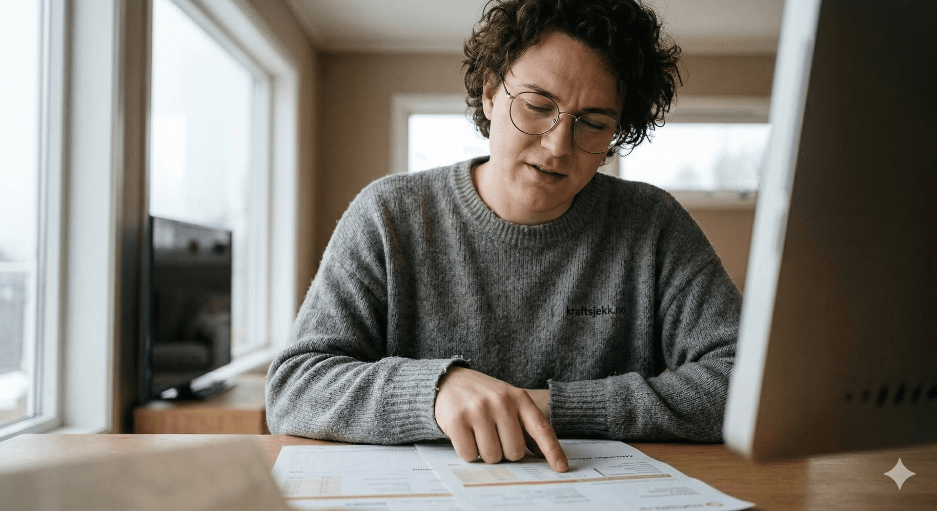 Mann med briller og grå genser med logo sitter ved et bord og går gjennom papirer. I bakgrunnen ser man et lyst stuemiljø med vinduer og en TV.