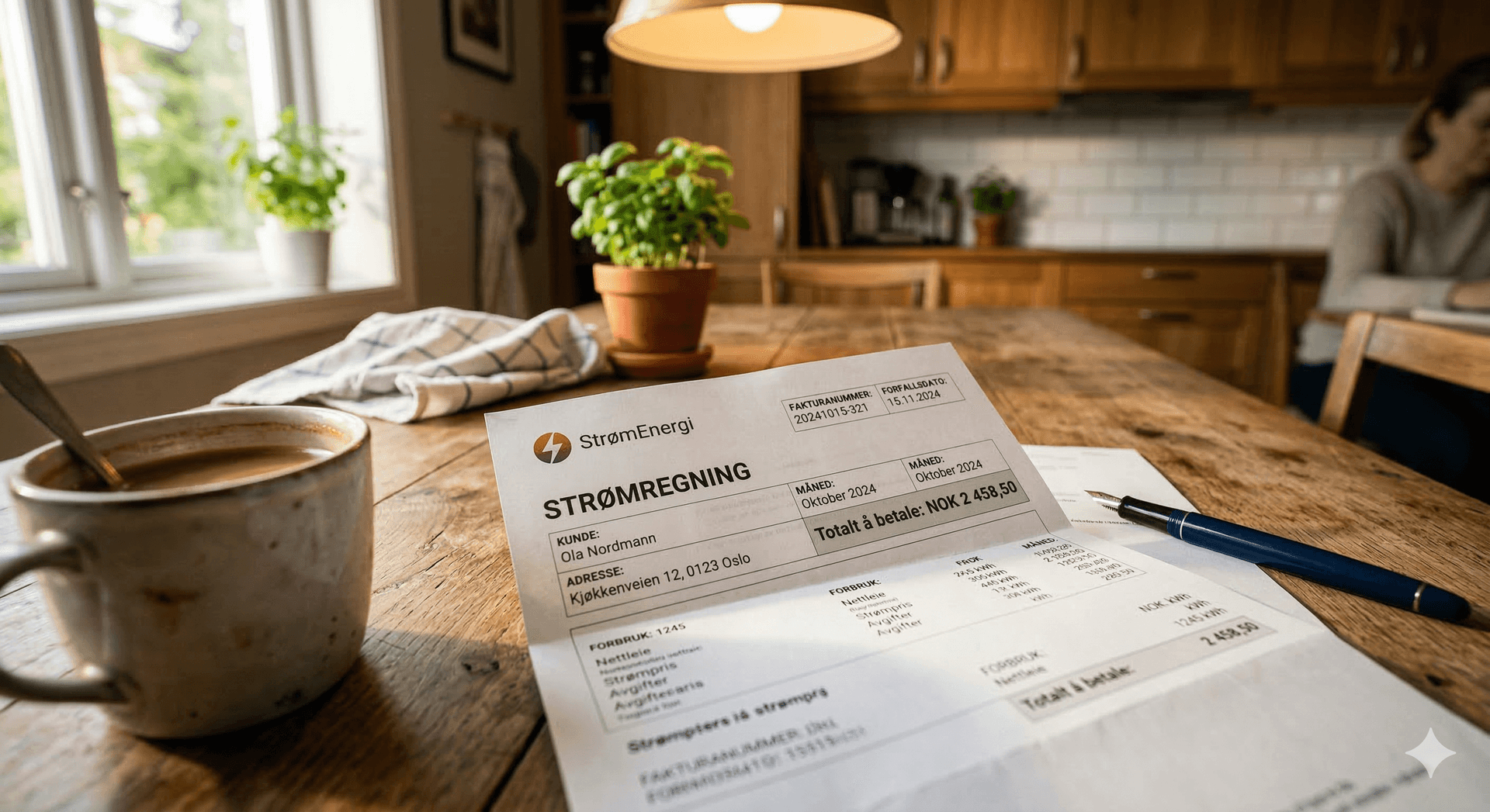 Norsk strømregning på kjøkkenbordet